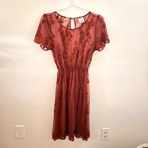 Forever21 sheer red mesh floral embroidered dress w/ scoopneck, scallop sleeves